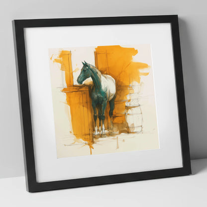 Amber Yard Silhouette horse stable art print in black frame