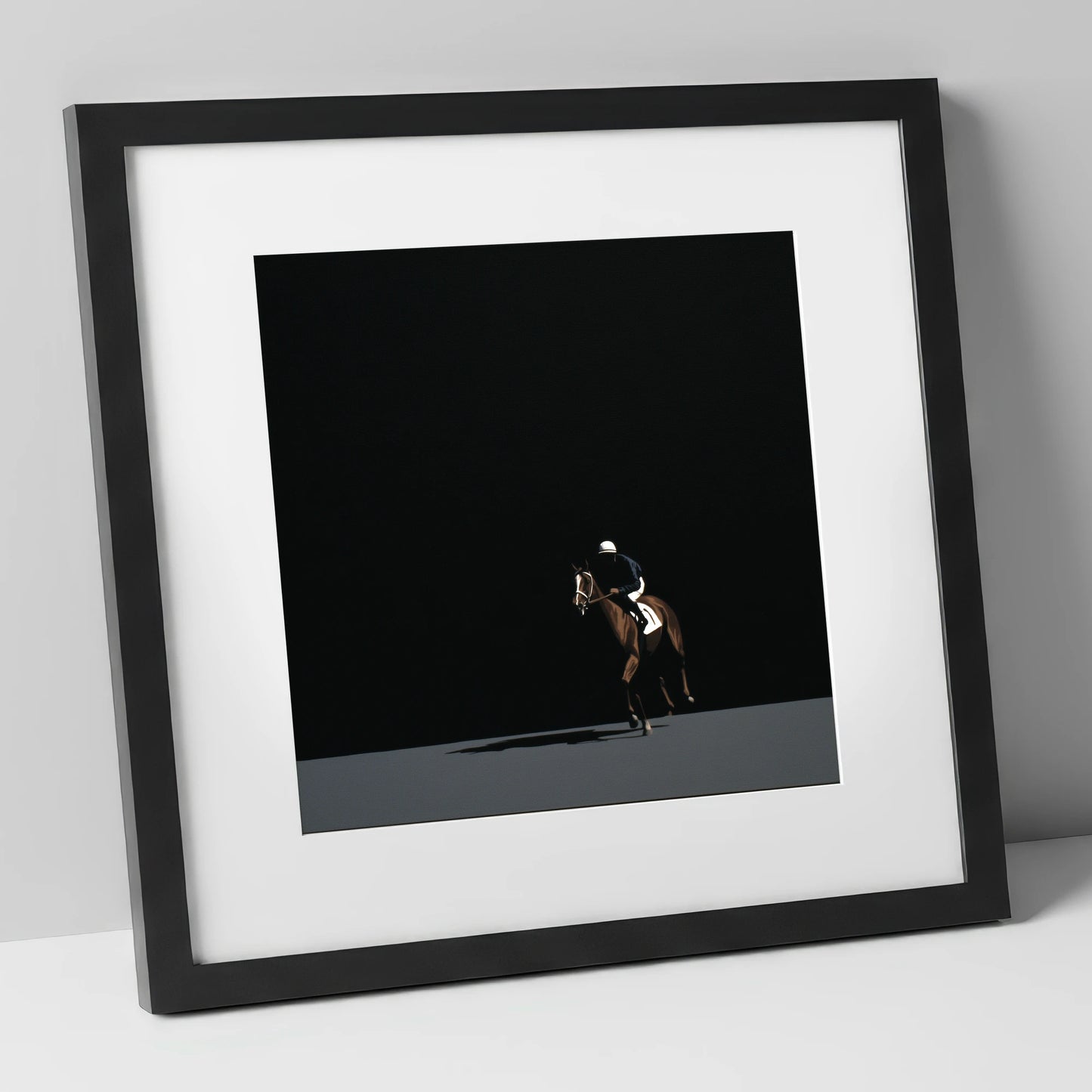 Out of the Shadows racing horse art print in black frame