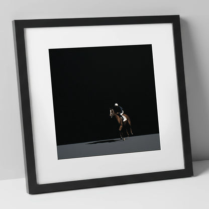 Out of the Shadows racing horse art print in black frame