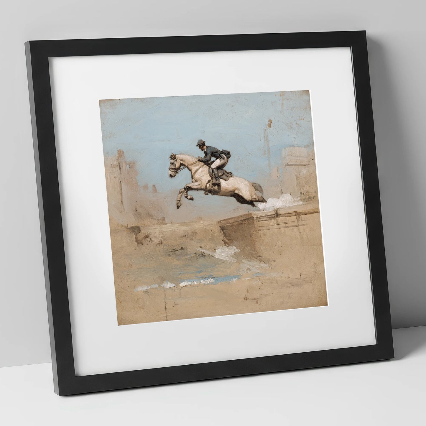 Clearing the Bank show jumping horse art print in black frame