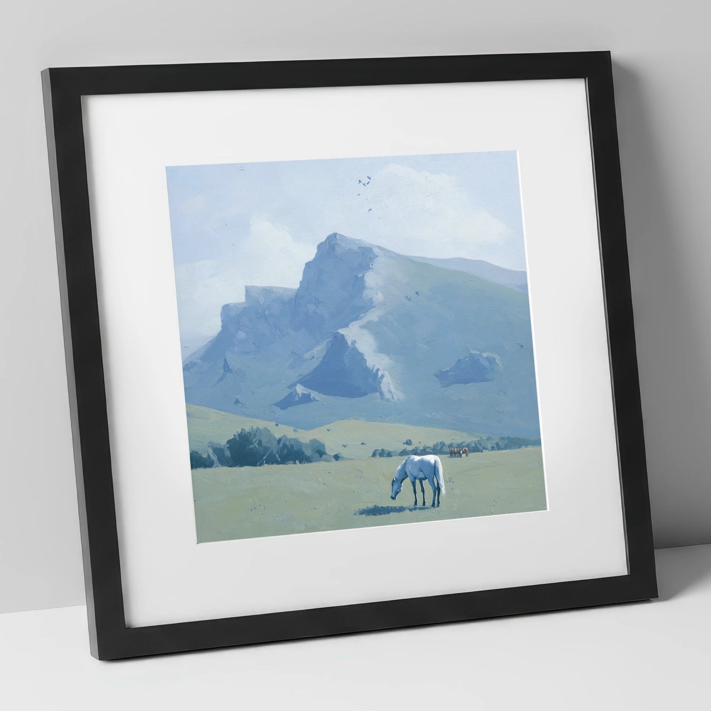 Beneath the Blue Peaks horse landscape art print in black frame