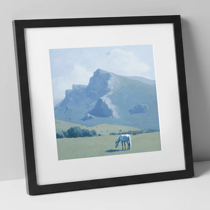 Beneath the Blue Peaks horse landscape art print in black frame