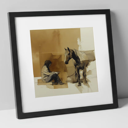 Shared Silence horse & rider art print in black frame
