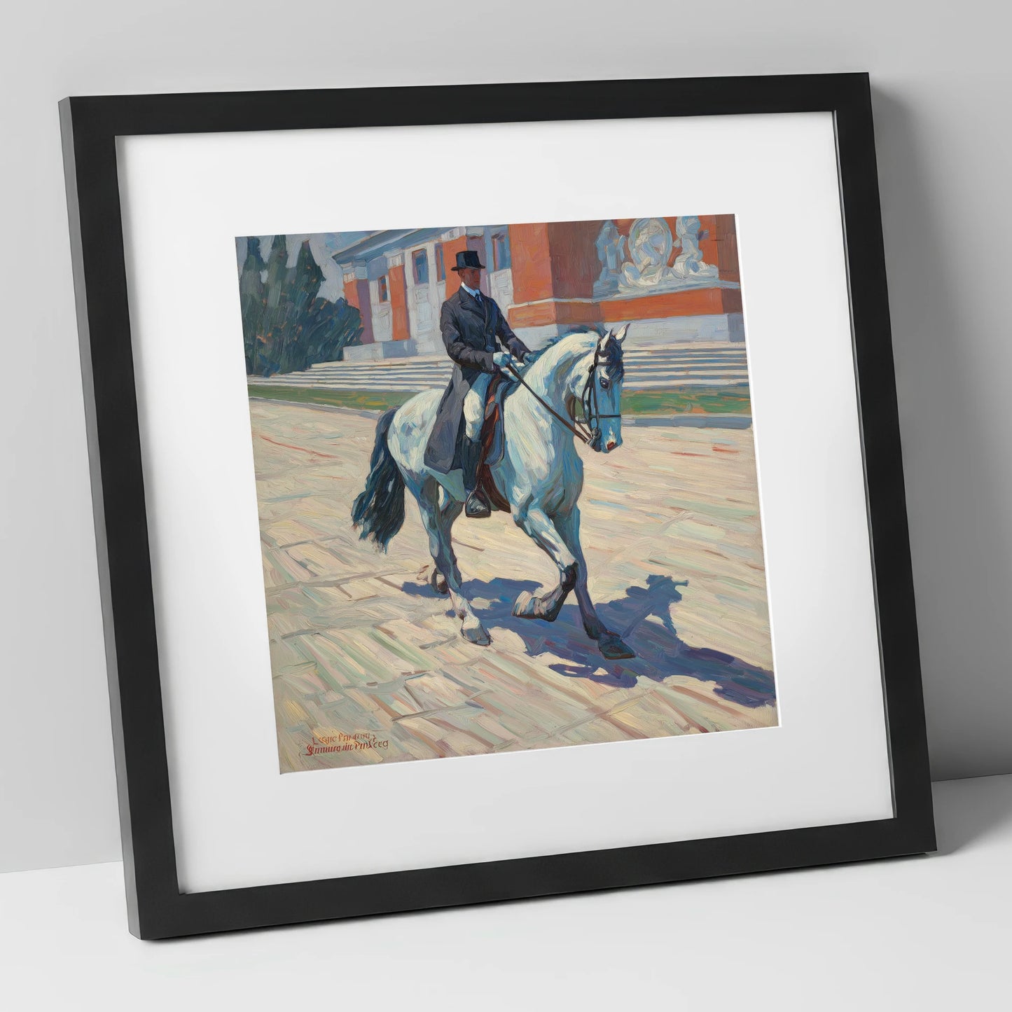 Sunlit Dressage Passage dressage horse art print in black frame