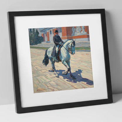 Sunlit Dressage Passage dressage horse art print in black frame