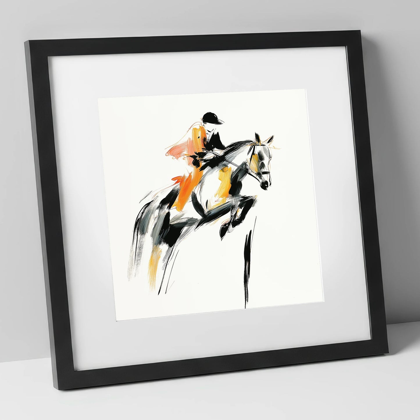Amber Ascent show jumping horse art print in black frame