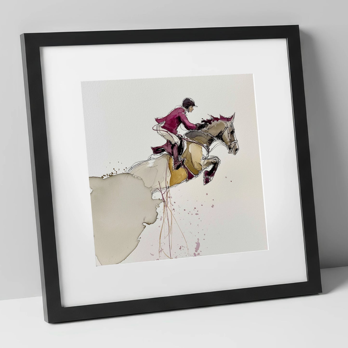 Burgundy Flight show jumping horse art print in black frame