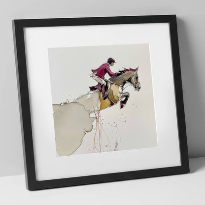 Burgundy Flight show jumping horse art print in black frame