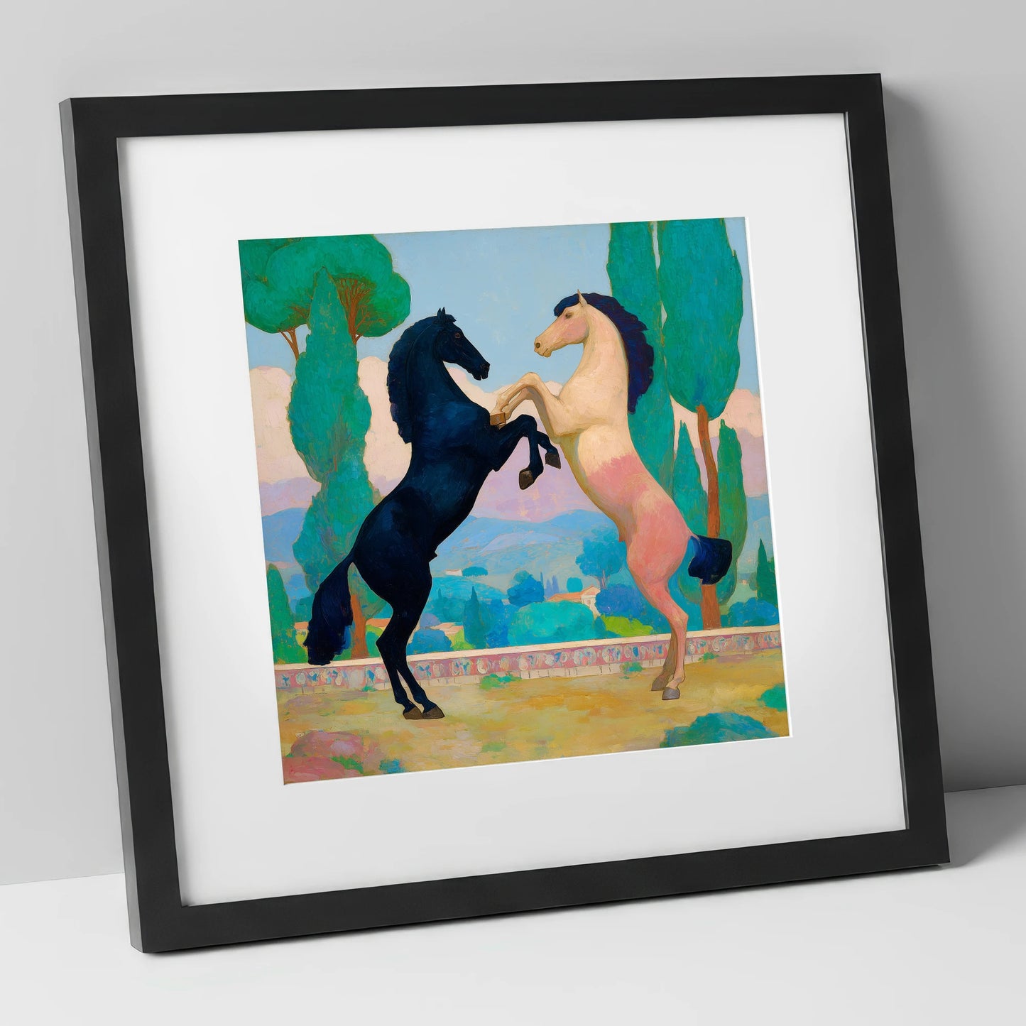 Azure and Rose Dance wild horses art print in black frame