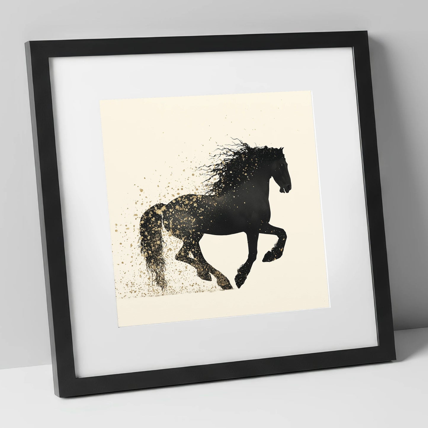 Midnight Gold Friesian horse breed art print in black frame