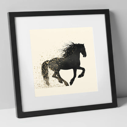 Midnight Gold Friesian horse breed art print in black frame
