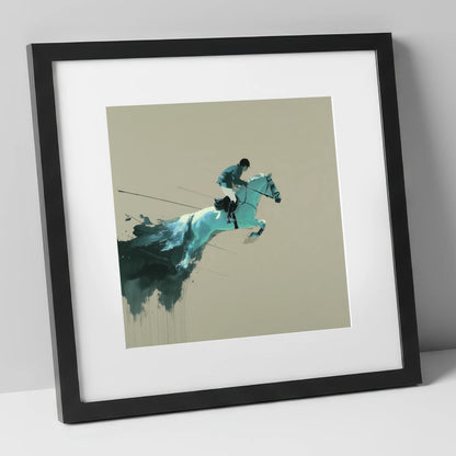 Momentum in Teal show jumping horse art print in black frame