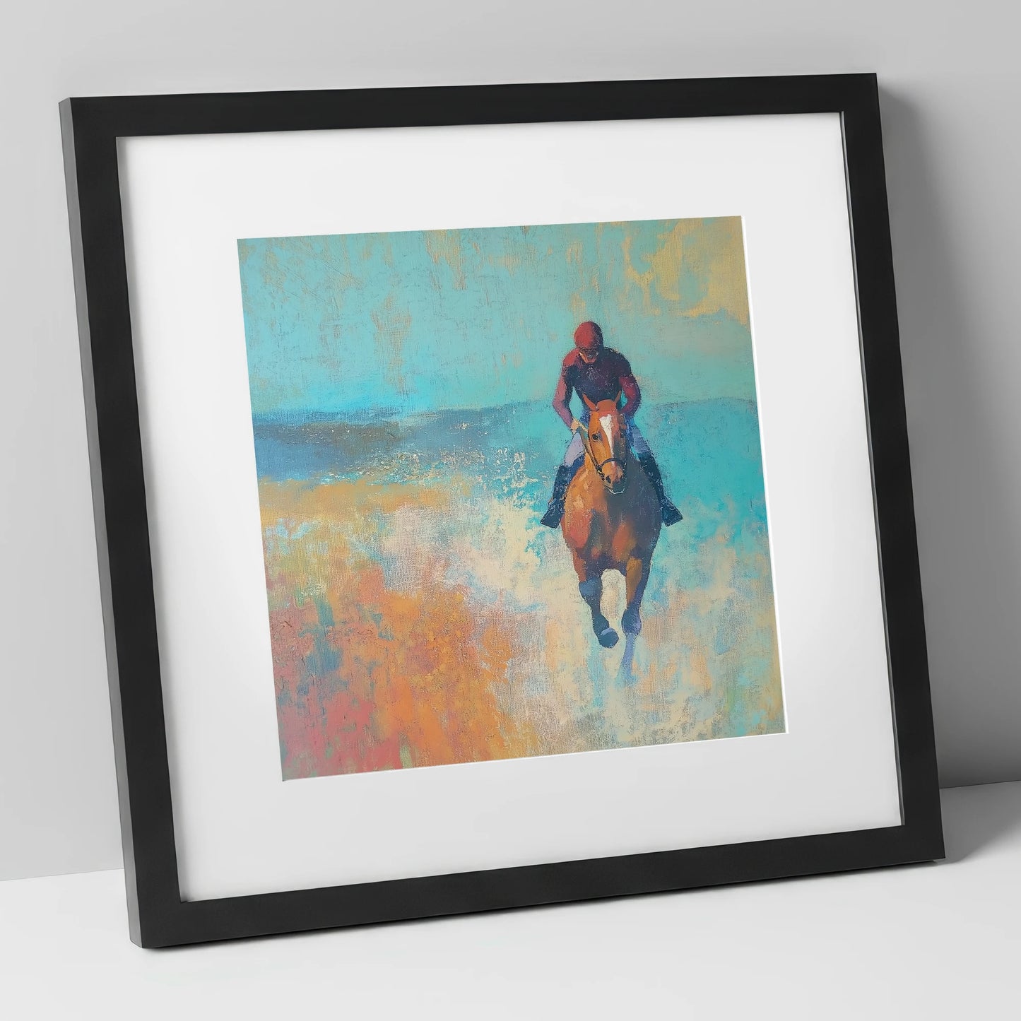 The Morning Gallop racing horse art print in black frame