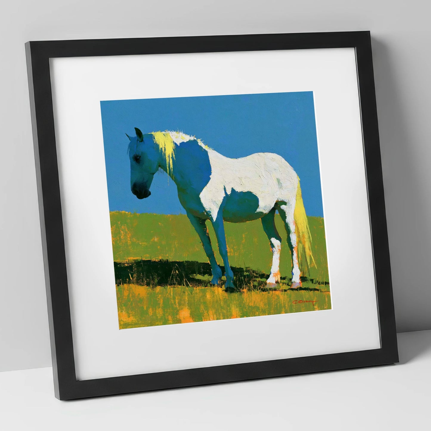 White Horse With Indigo Shadows horse breed art print in black frame