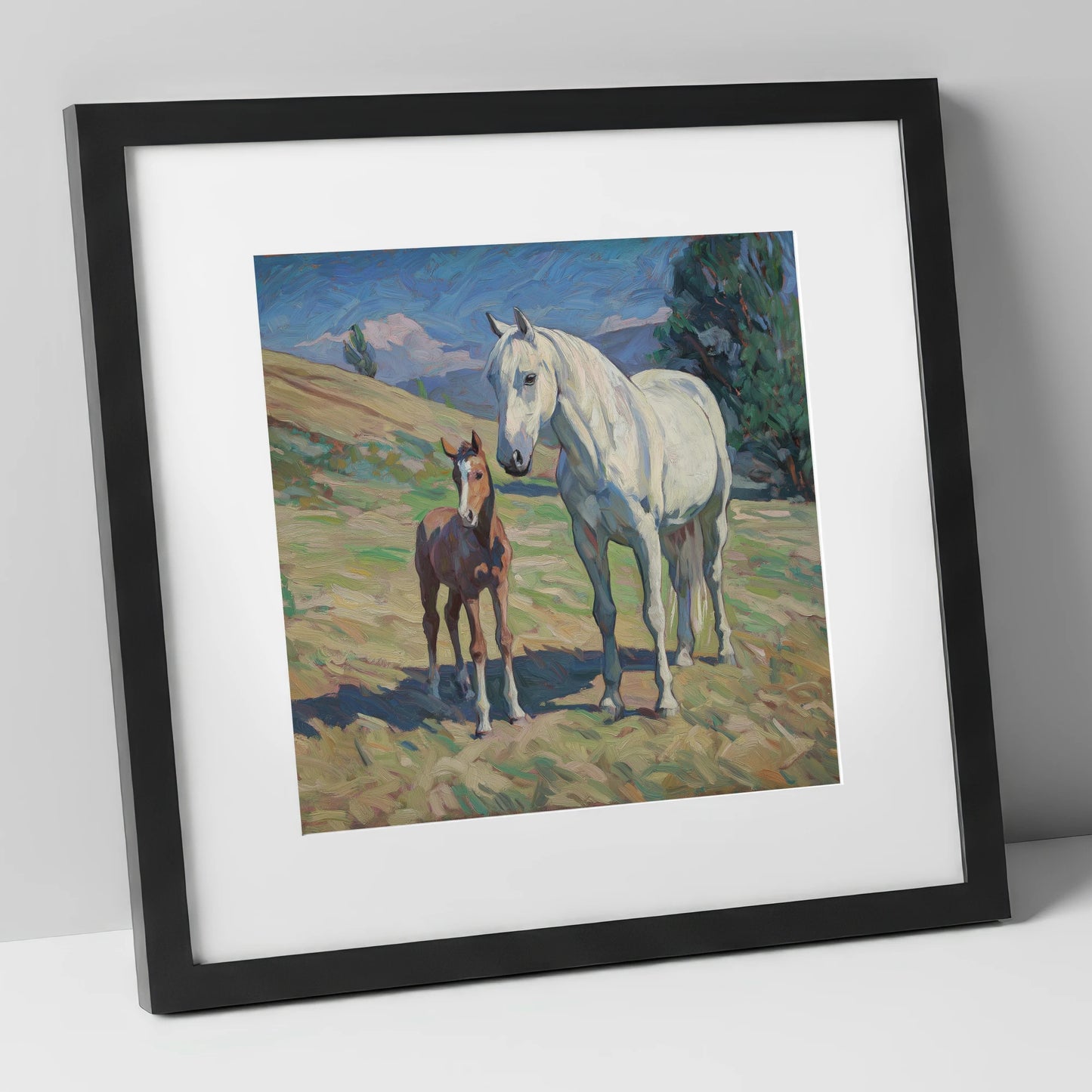 The Gentle Guardian mare & foal art print in black frame