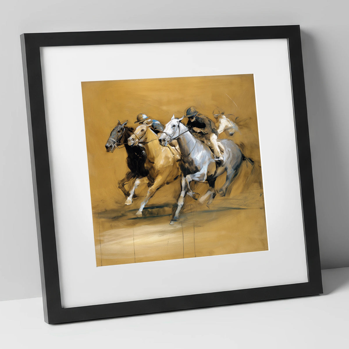 Galloping Racehorses in Warm Ochre racing horse art print in black frame