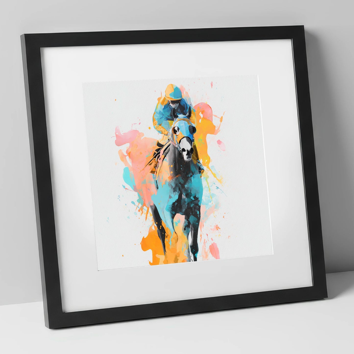 Vibrant Front Runner racing horse art print in black frame