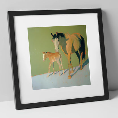 Sunlit Bonds mare & foal art print in black frame