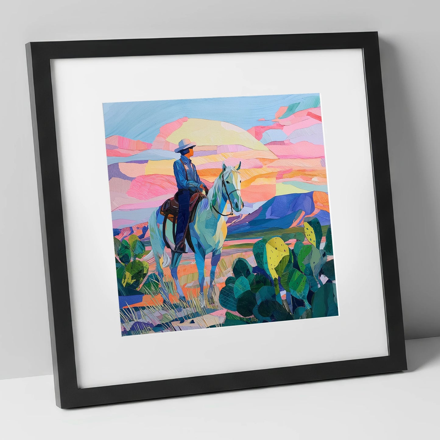 Painted Desert Rider western horse art print in black frame
