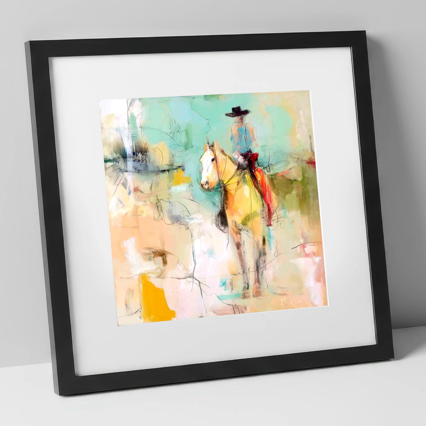Painted Western Silhouette western horse art print in black frame