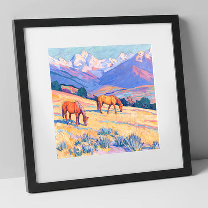 Grazing Beneath Violet Peaks horse landscape art print in black frame