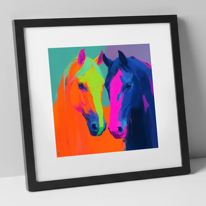 Neon Companions horse portrait art print in black frame