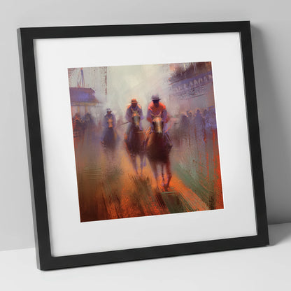 Out of the Haze racing horse art print in black frame