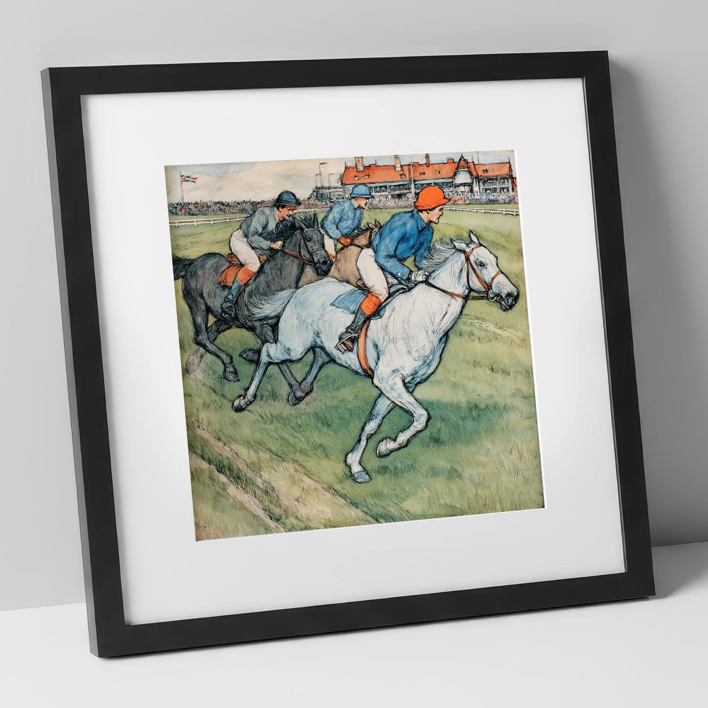 The Final Furlong racing horse art print in black frame