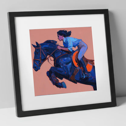 Indigo Flight show jumping horse art print in black frame