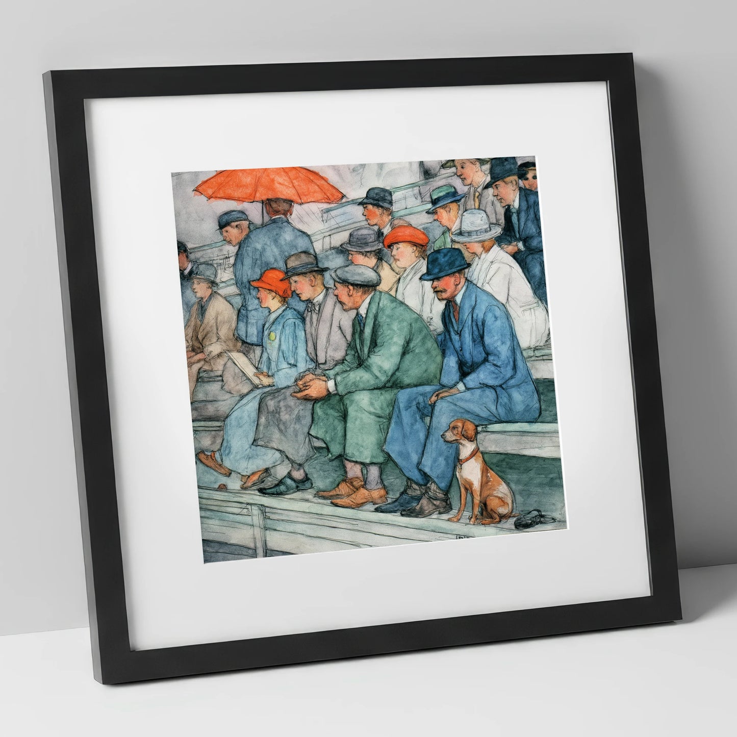 The Grandstand Crowd racing horse art print in black frame