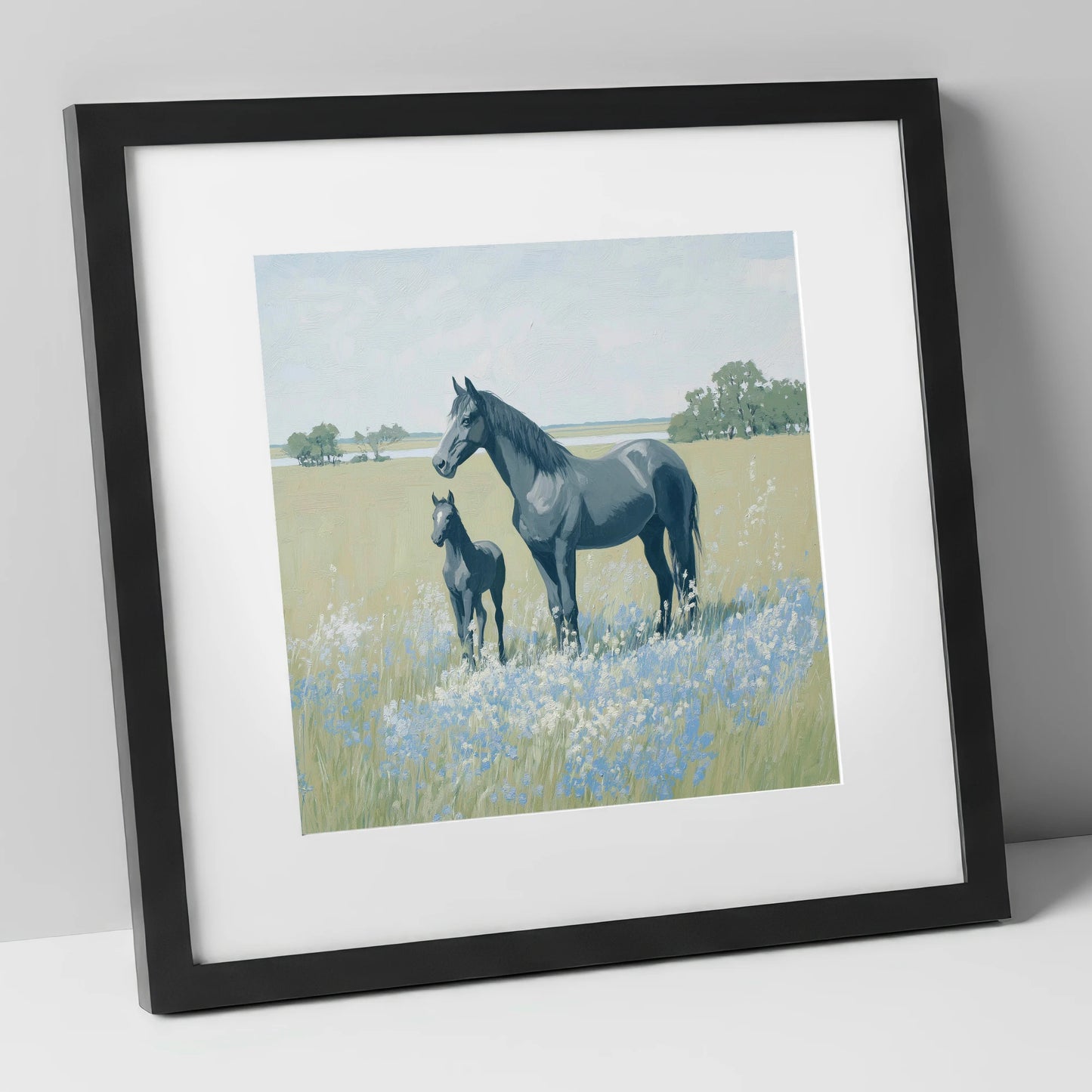 Slate Grey Summer Pasture mare & foal art print in black frame