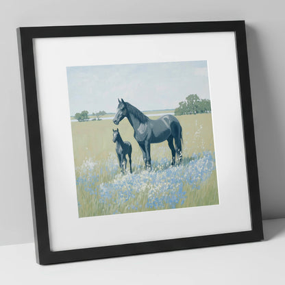 Slate Grey Summer Pasture mare & foal art print in black frame