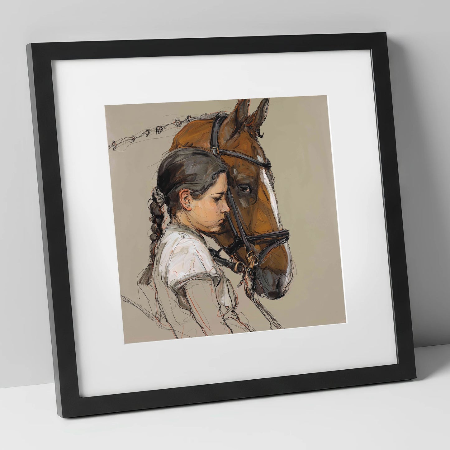 The Quiet Bond horse & rider art print in black frame