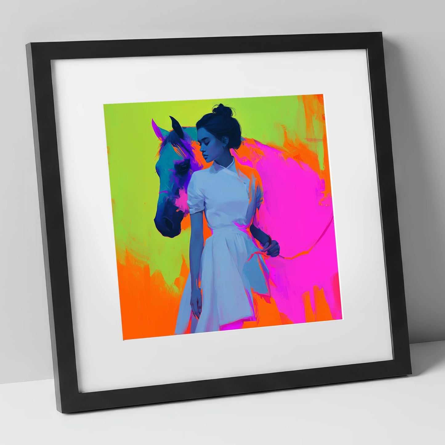 Electric Connection horse & rider art print in black frame