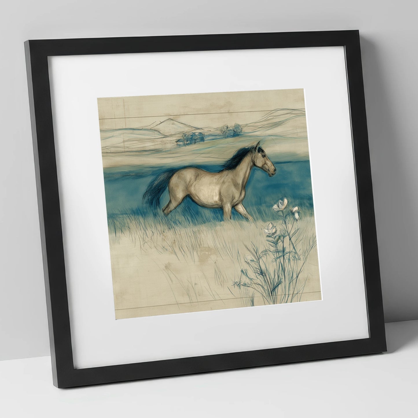Teal Horizon Canter horse landscape art print in black frame