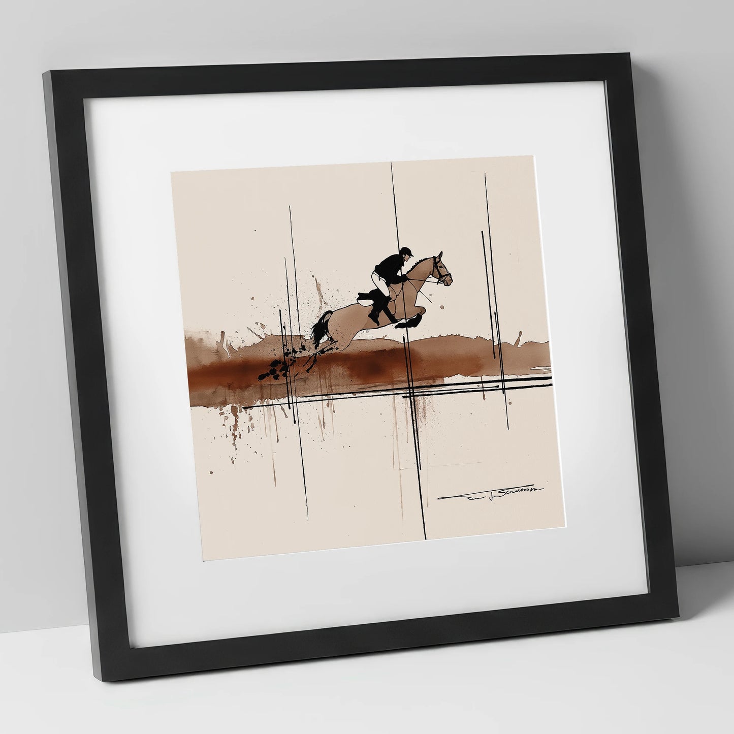 Dynamic Trajectory show jumping horse art print in black frame