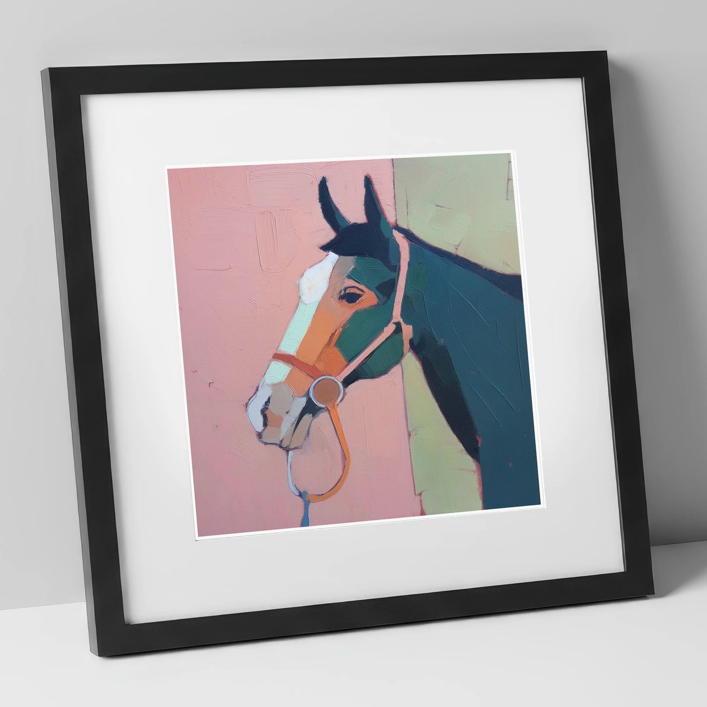 Modern Geometric Profile horse portrait art print in black frame