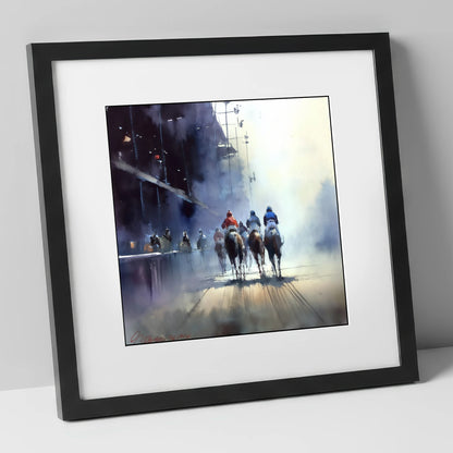 Towards the Post racing horse art print in black frame