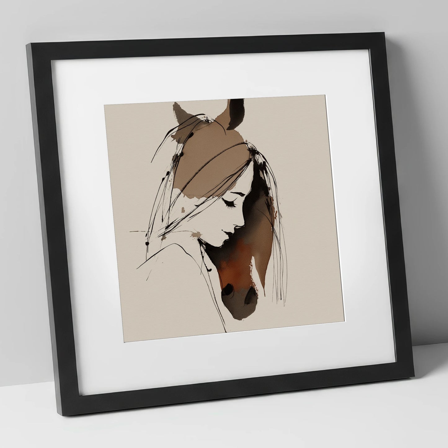 Intertwined Spirits horse & rider art print in black frame