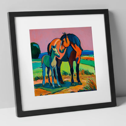 Vivid Bonds mare & foal art print in black frame