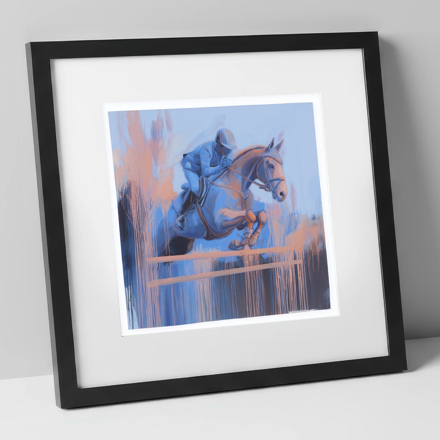 Momentum in Blue and Peach show jumping horse art print in black frame
