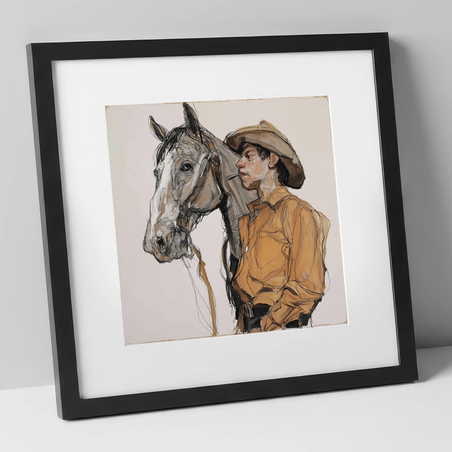 The Silent Bond western horse art print in black frame