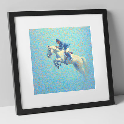 Luminous Flight show jumping horse art print in black frame