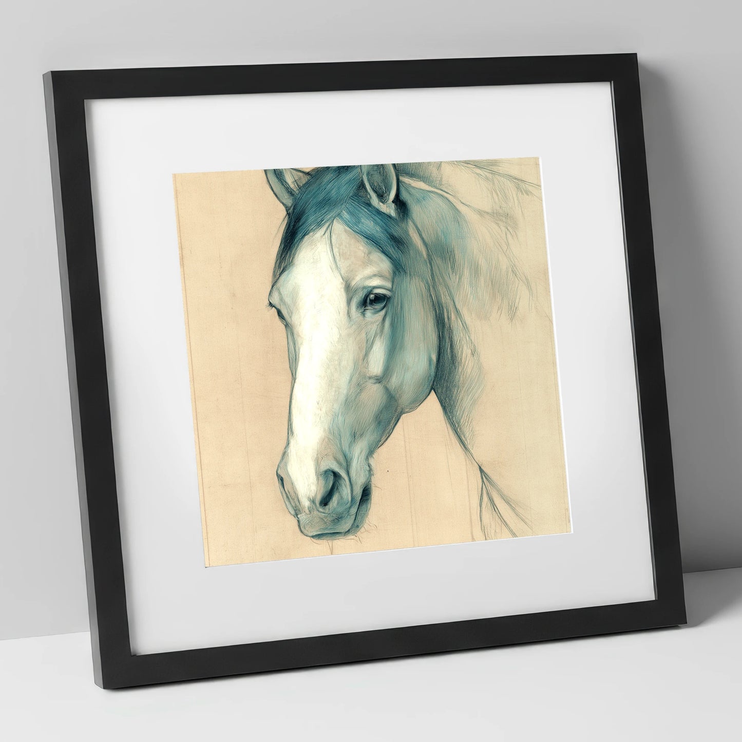 Azure Equine Study horse portrait art print in black frame