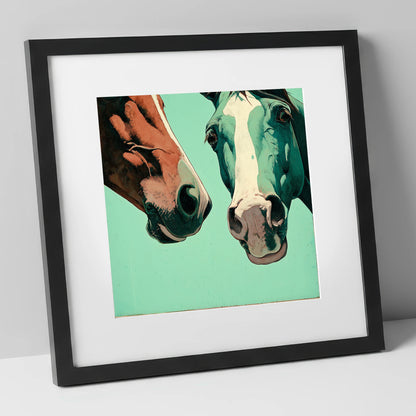 Inquisitive Companions horse portrait art print in black frame