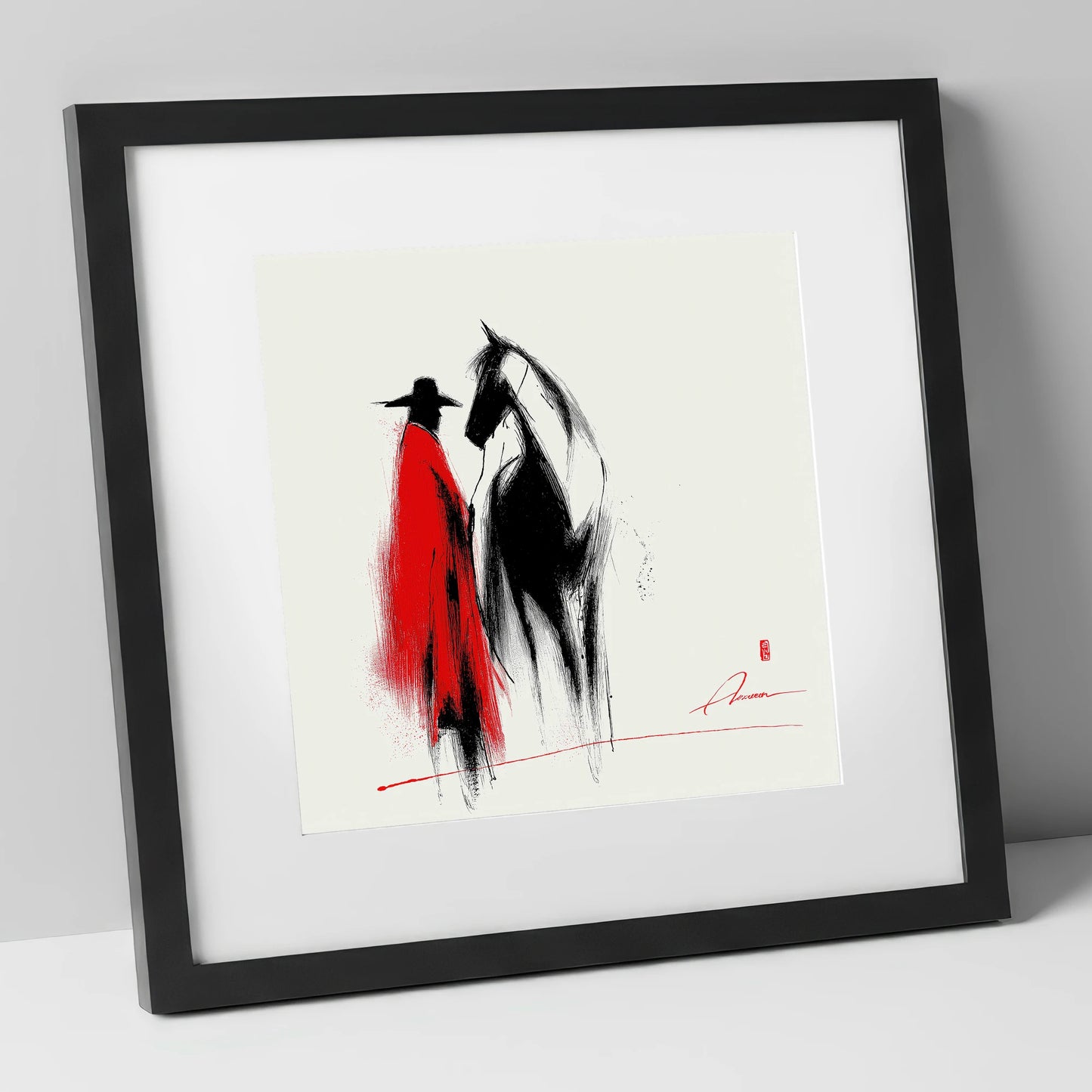 Crimson Western Silhouette western horse art print in black frame