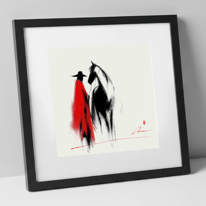 Crimson Western Silhouette western horse art print in black frame