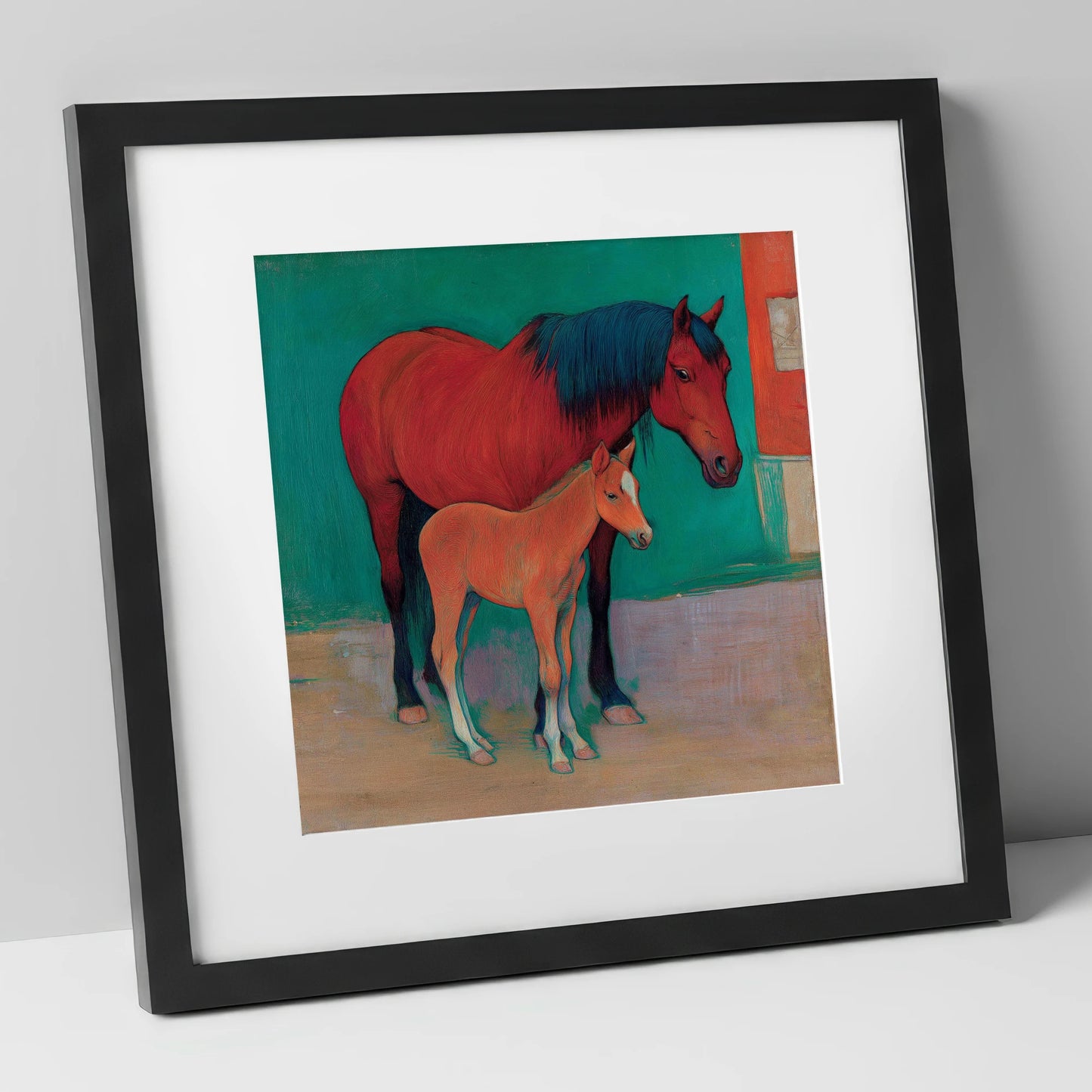 Crimson Mare and Foal mare & foal art print in black frame