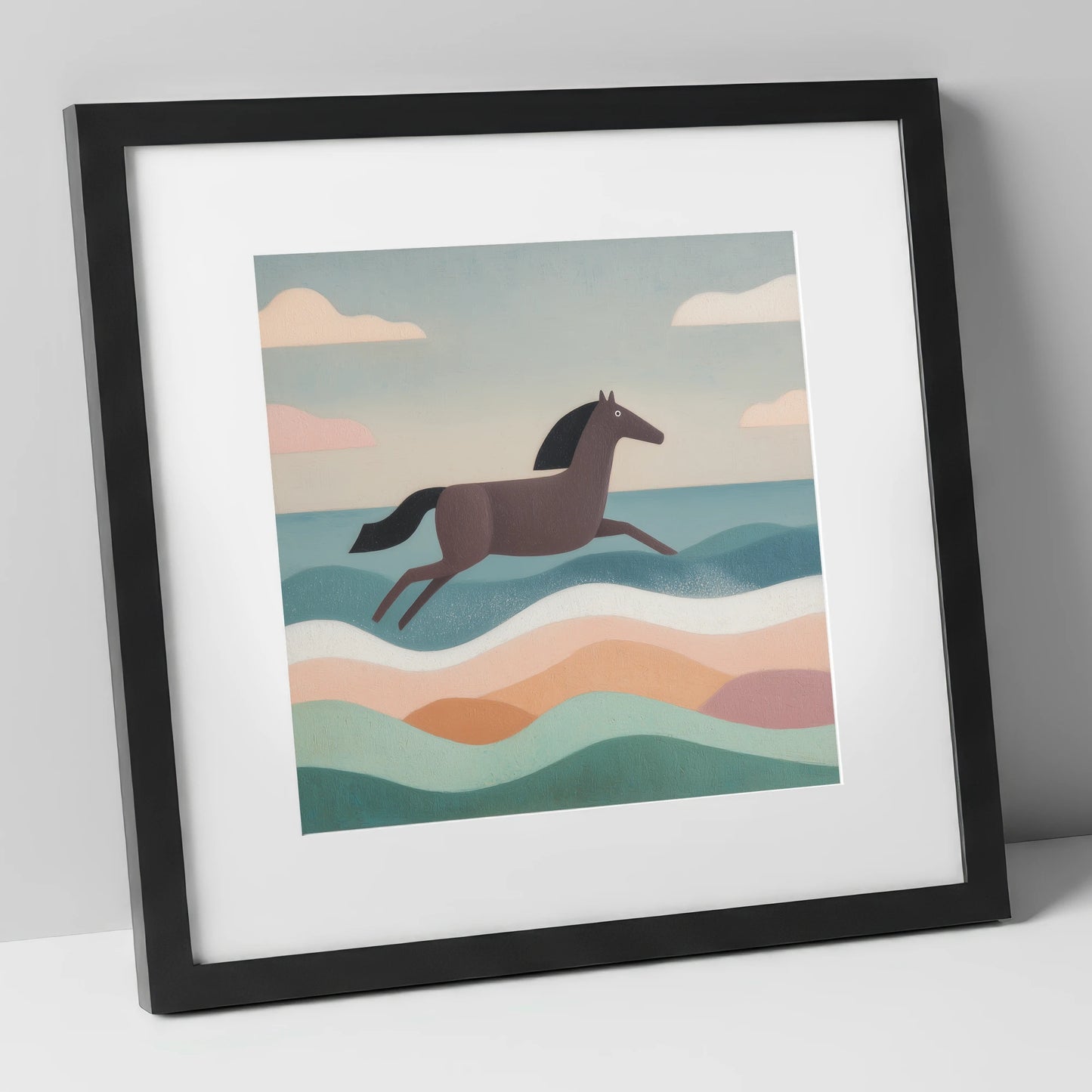 Rhythmic Coastal Canter beach horse art print in black frame