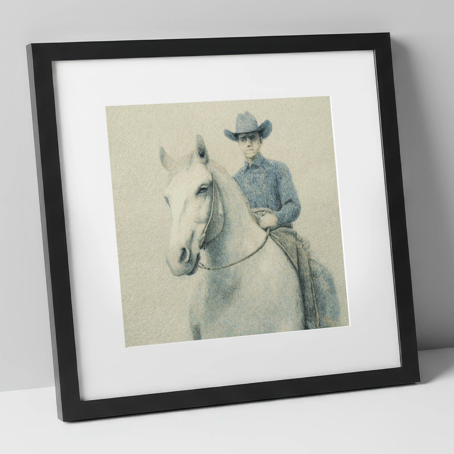 Slate Blue Stockman western horse art print in black frame